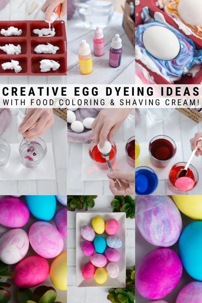 image collage of dyeing easter eggs with text How to Dye Easter Eggs with Shaving Cream and Food Coloring