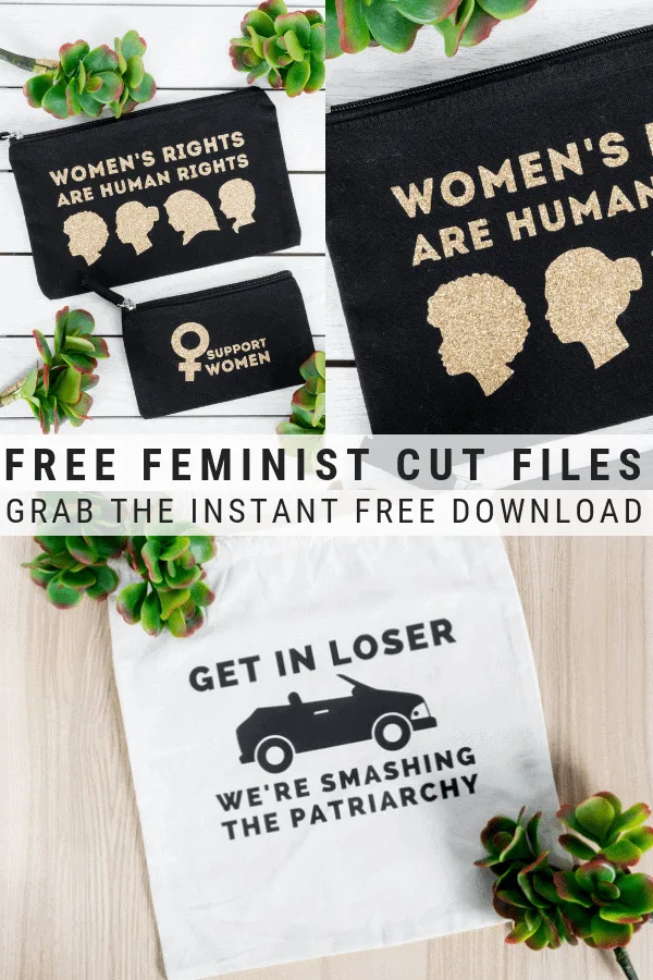 pinnable graphic about free feminist cut files for instant download including text overlay
