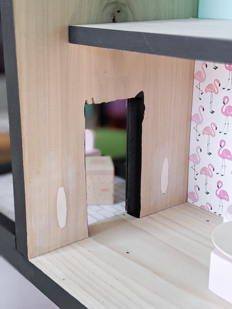 View of the pocket holes on the dollhouse