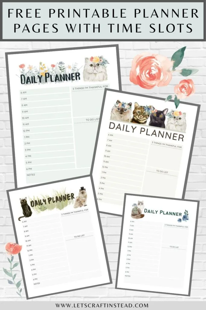 pinnable graphic about free printable planner pages with time slots including images of planners and text overlay