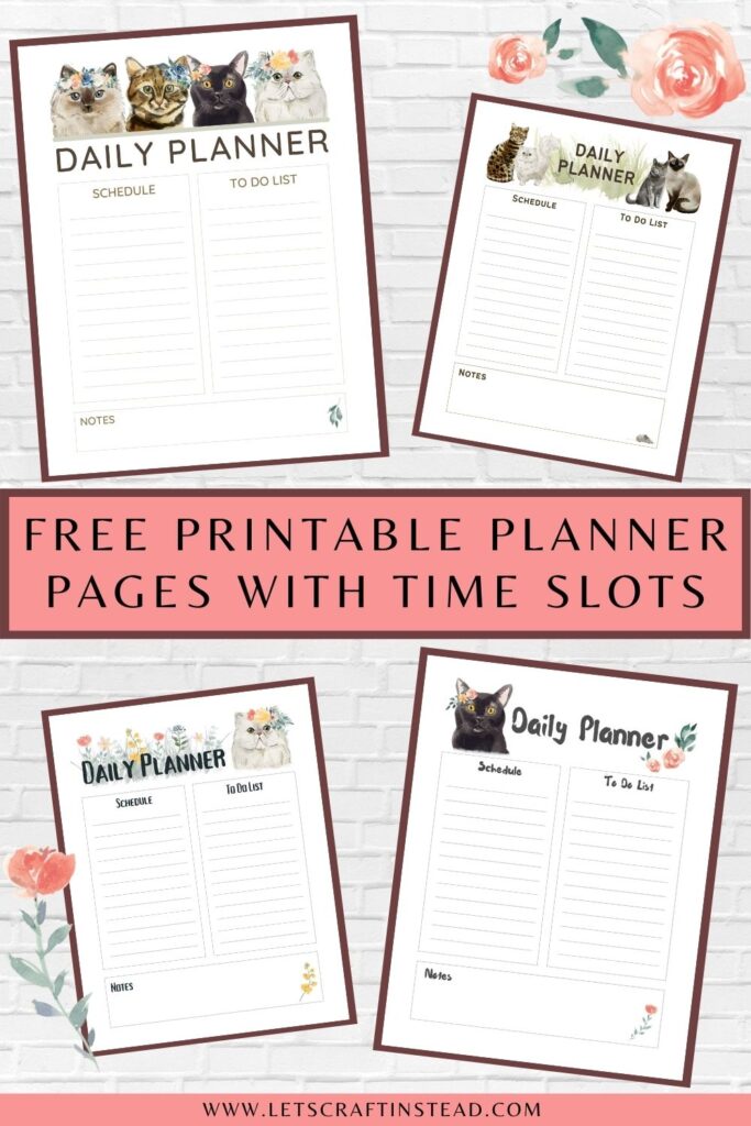 pinnable graphic about free printable planner pages with time slots including images of planners and text overlay