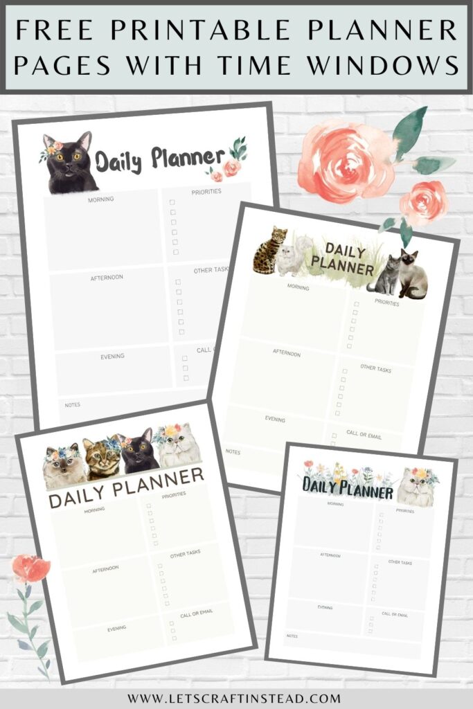 pinnable graphic with images of free printable planner pages with time windows and images of some of the pages