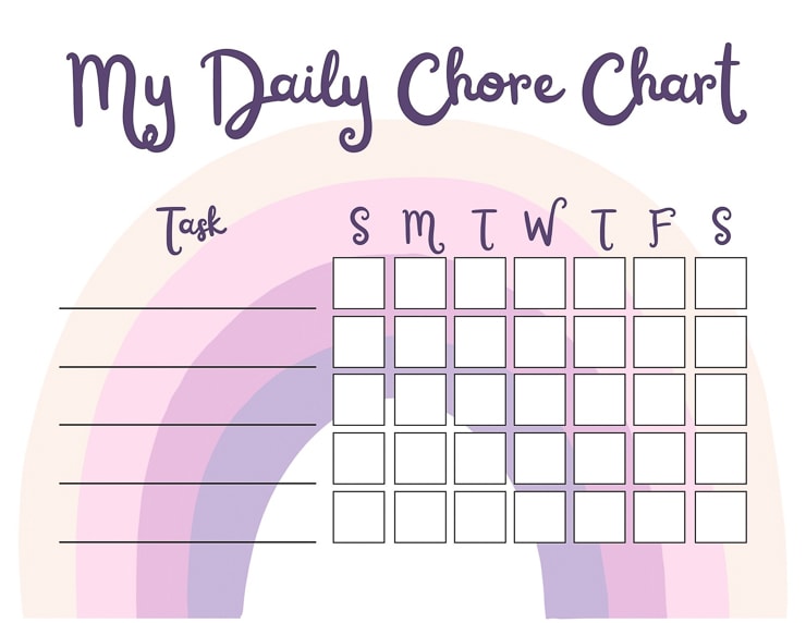 Rainbow daily chore chart printable