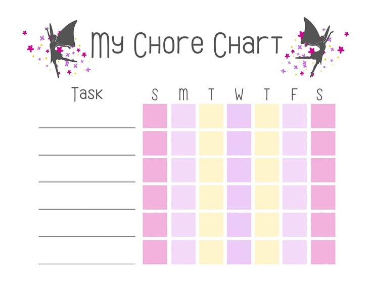 Printable fairy-themed daily chore chart