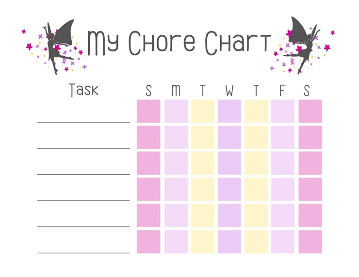 Printable fairy-themed daily chore chart