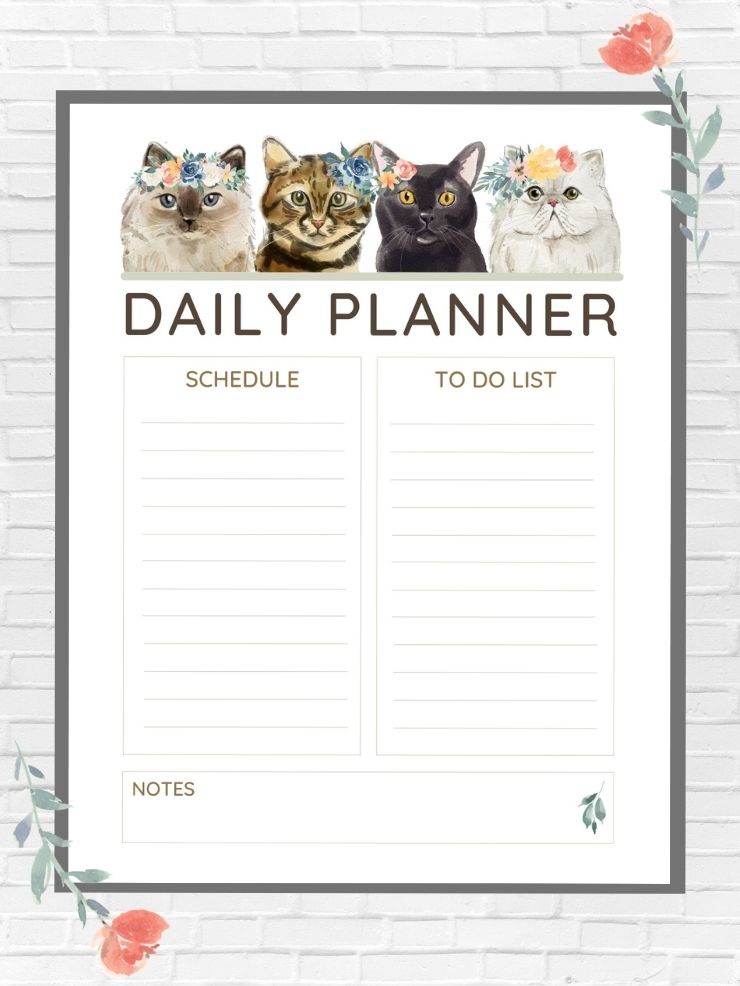 picture of one of my free cat-themed printable daily planner templates with a schedule section, a to do list section, and a notes section