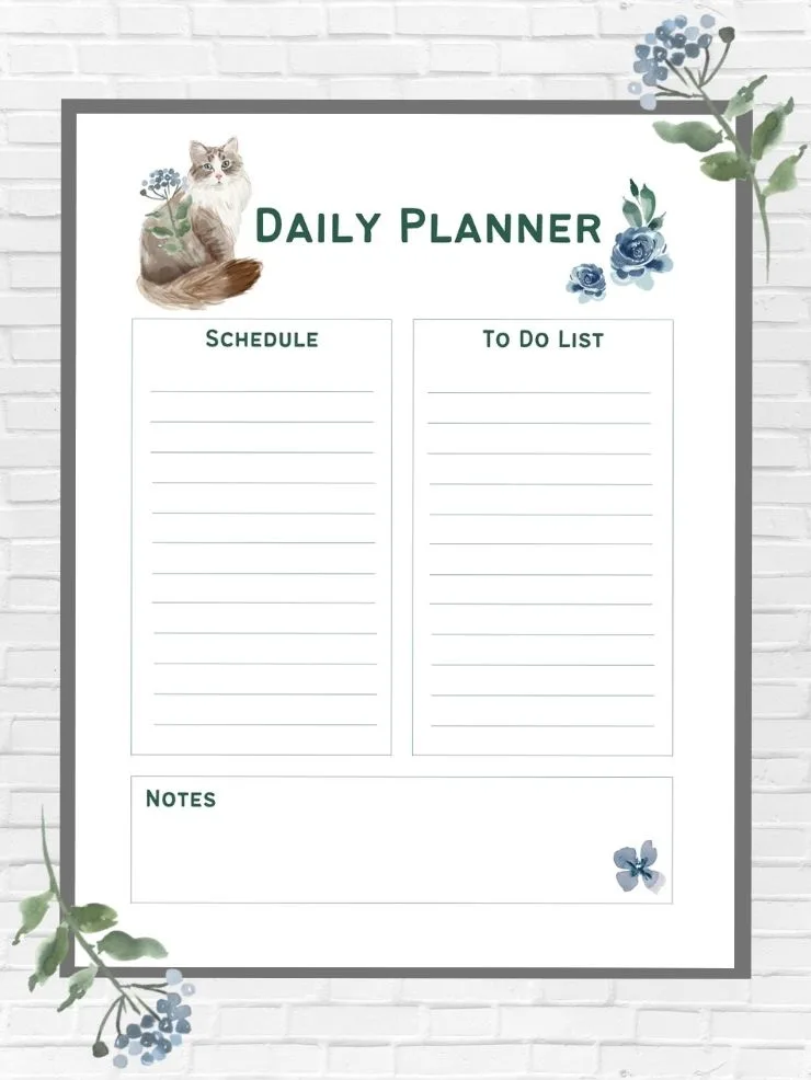 picture of one of my free cat-themed printable daily planner templates with a schedule section, a to do list section, and a notes section