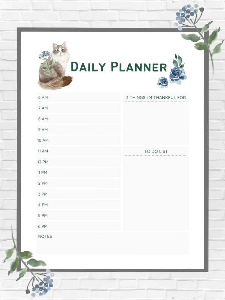 free printable daily planner with time slots and a cat theme