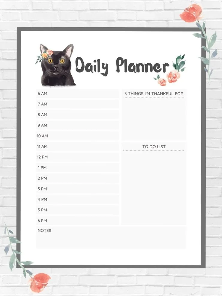 free printable daily planner with time slots and a cat theme