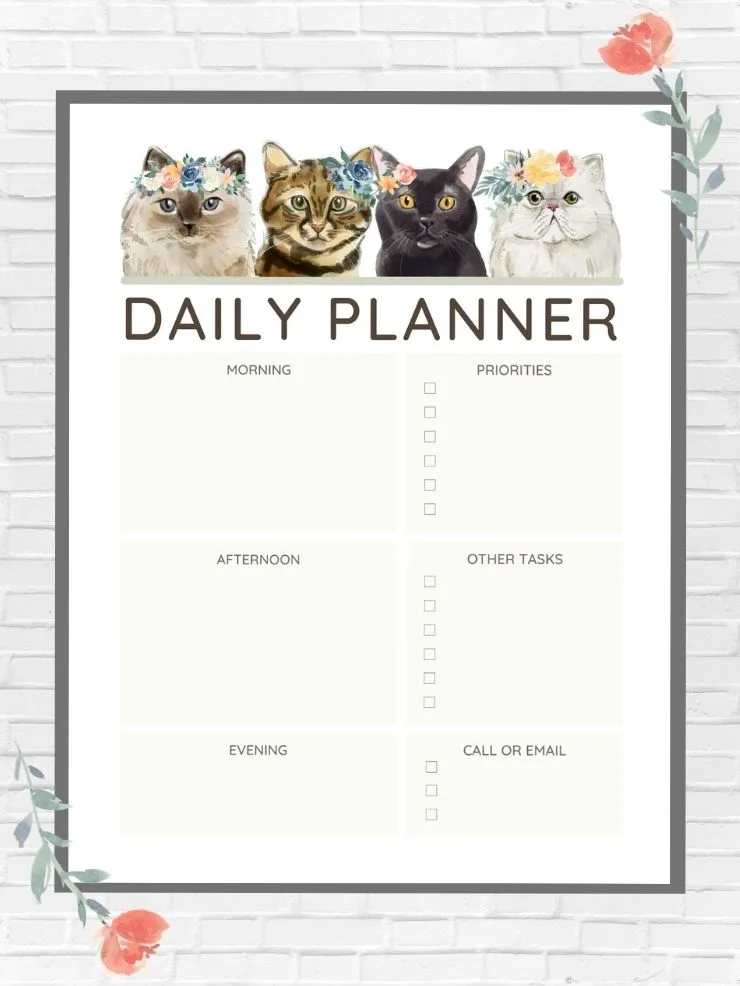free printable planner page with time windows and a cat theme