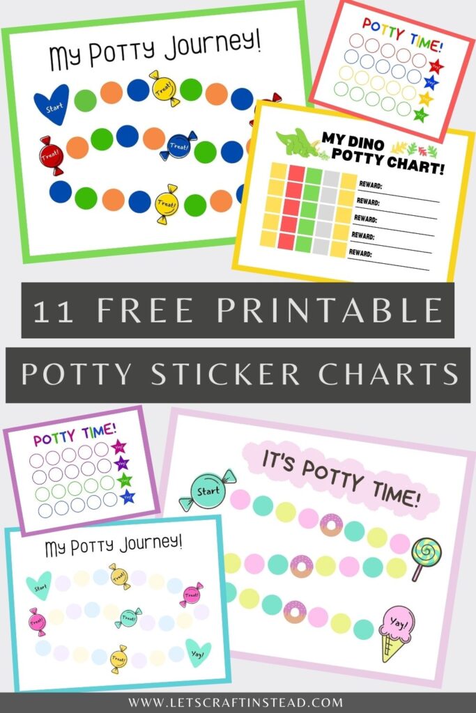 pinnable graphic about 11 free printable potty sticker charts including text overlay and images of some of the printables