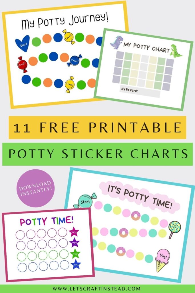 pinnable graphic about 11 free printable potty sticker charts including text overlay and images of some of the printables