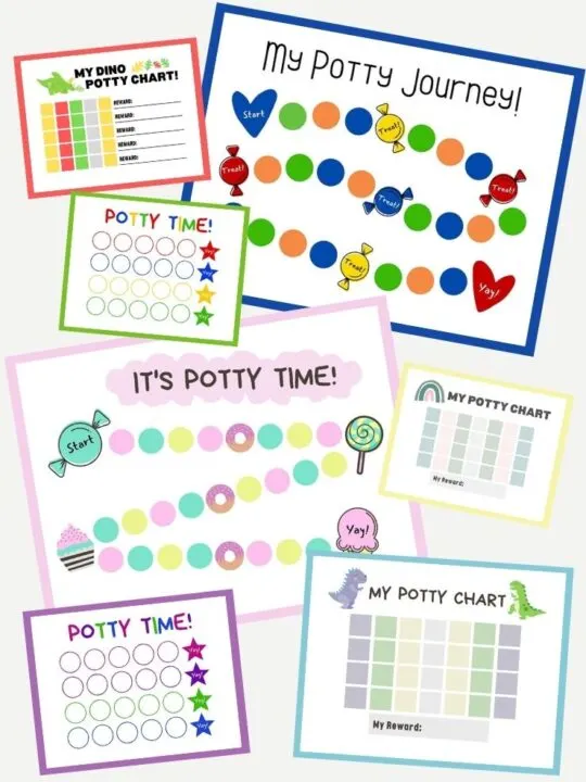 pinnable graphic with images of some of the free printable potty trackers