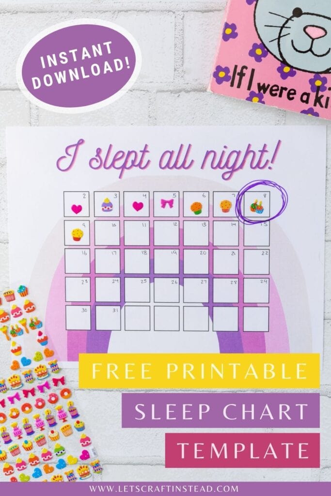 pinnable graphic with pictures of printable sleep charts that have rainbows and trains including text overlay