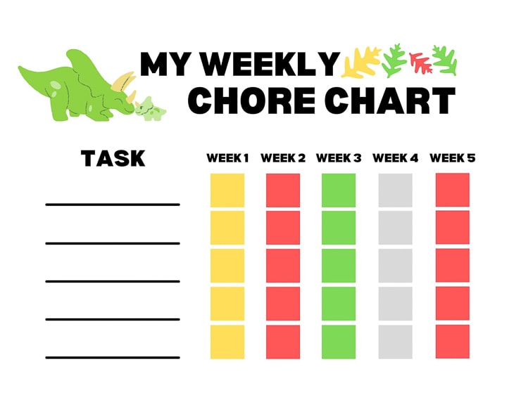 free printable dinosaur-themed weekly chore chart
