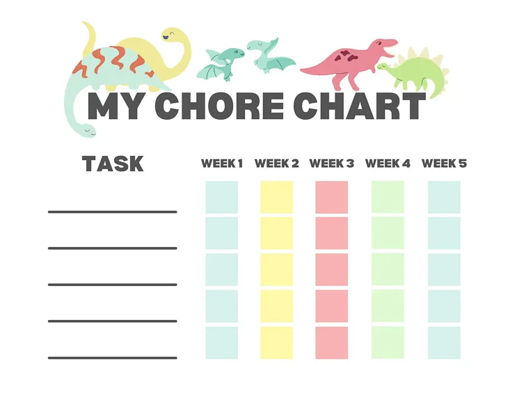 free printable dinosaur-themed weekly chore chart
