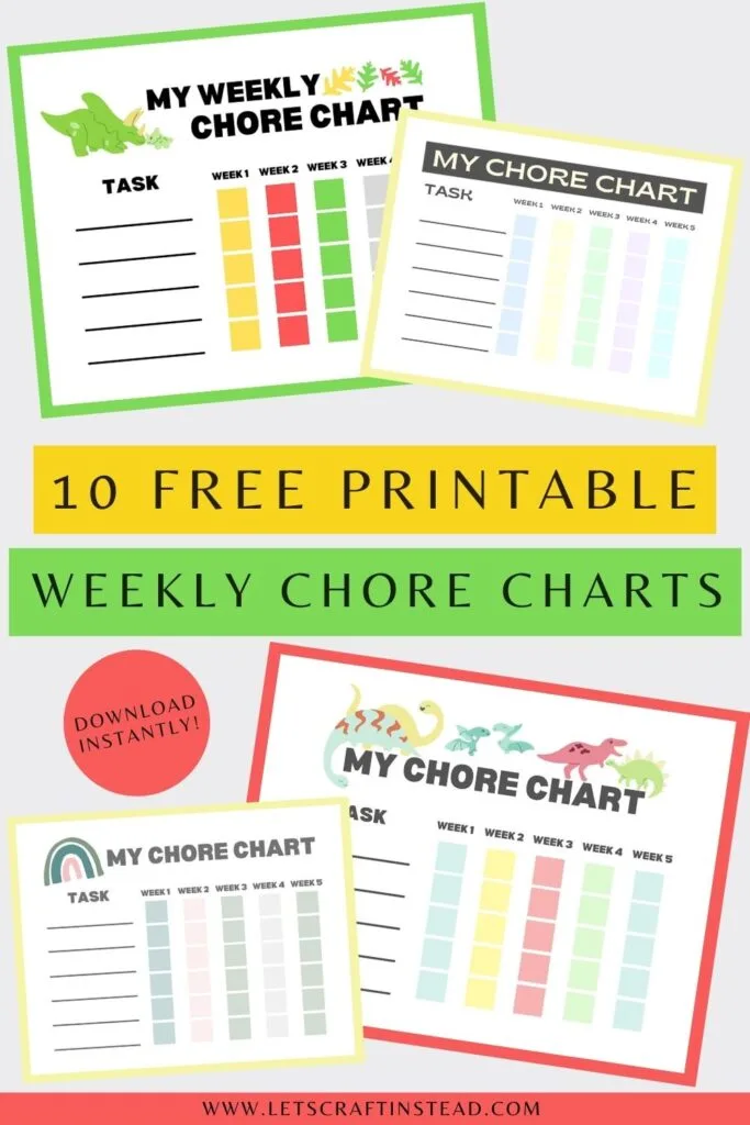 pinnable graphic about 10 free printable weekly chore charts including images of some of the charts and text overlay