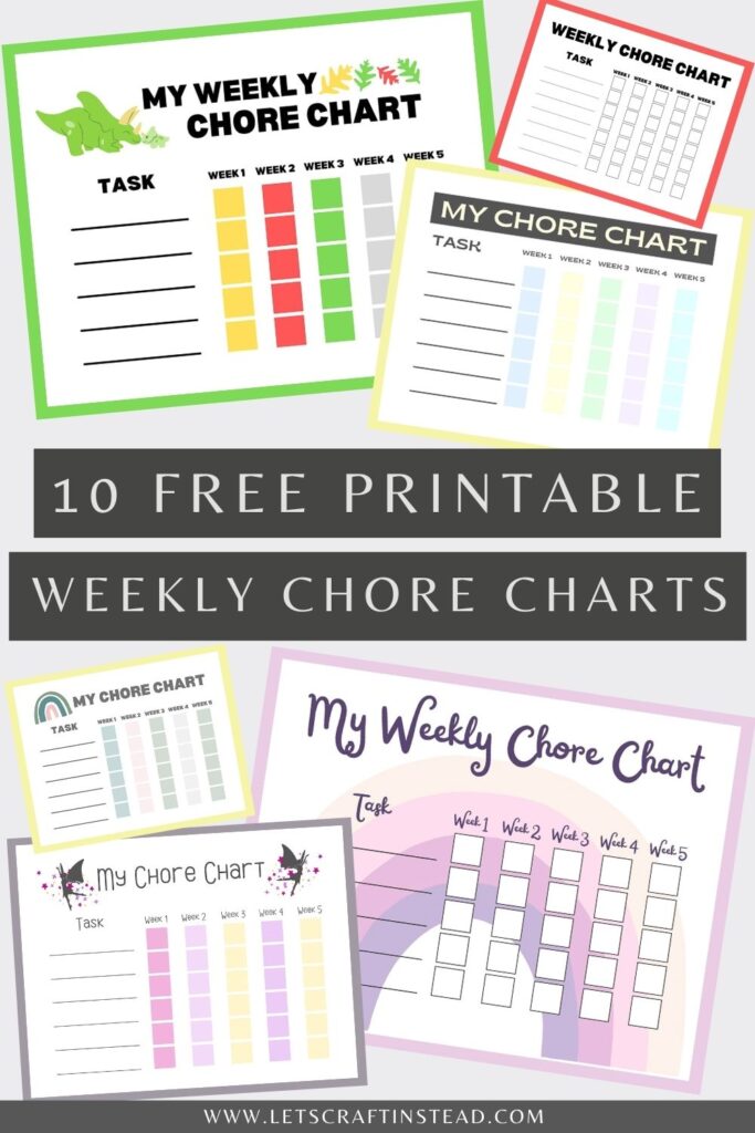 pinnable graphic about 10 free printable weekly chore charts including images of some of the charts and text overlay