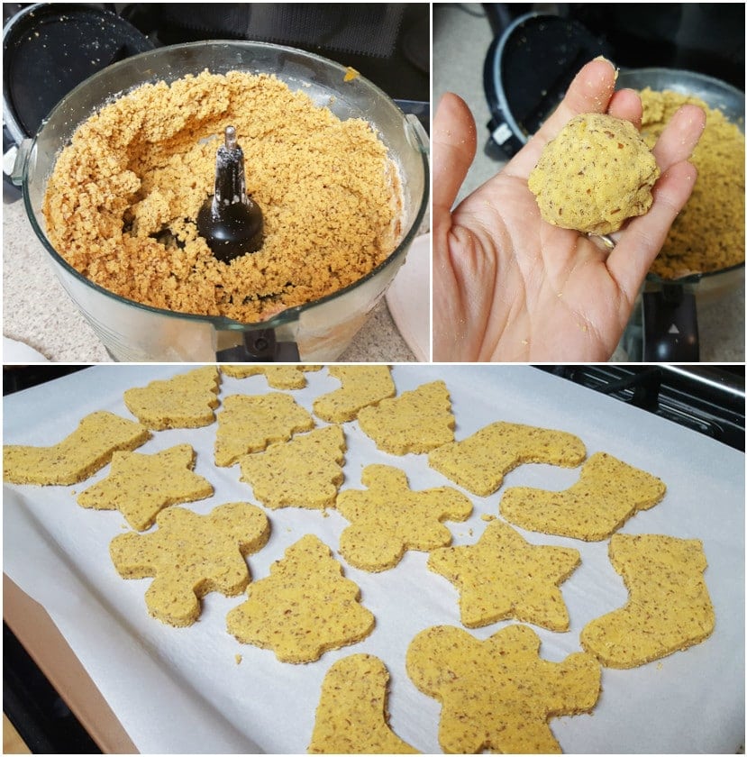 image collage of the grain-free dog cookie mixture, as well as the mixture flattened and cut out on a baking sheet