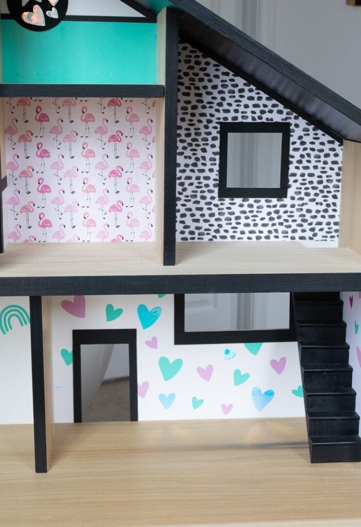 finished DIY dollhouse wallpaper using scrapbook paper and adhesive vinyl