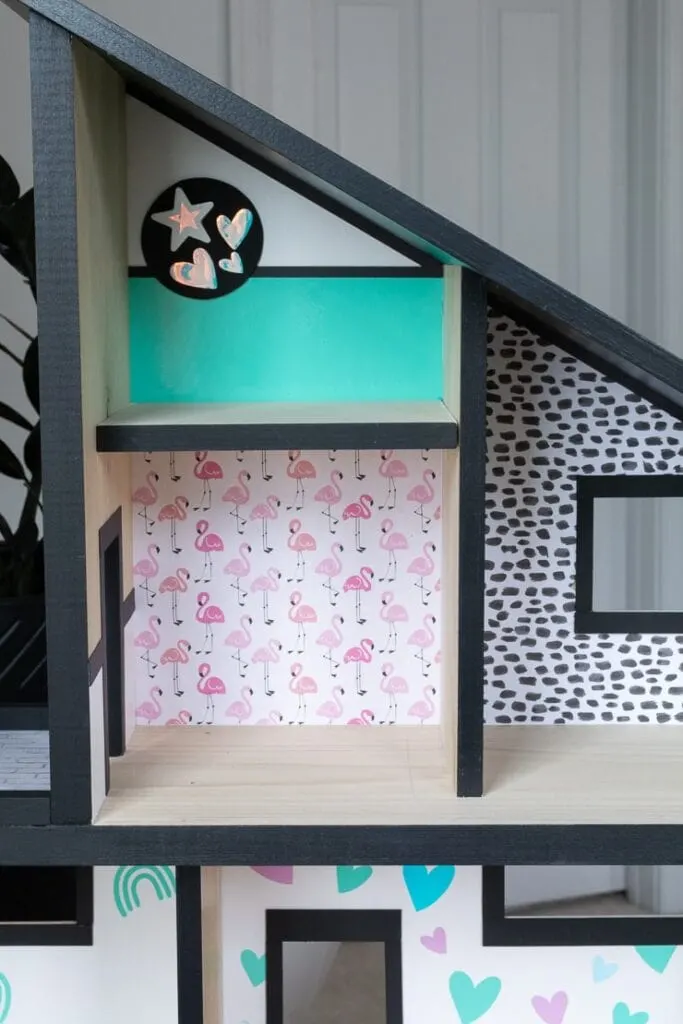 finished DIY dollhouse wallpaper using scrapbook paper and adhesive vinyl