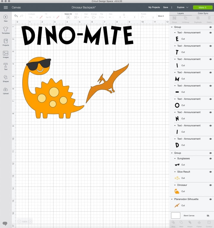 screenshot of dinosaur designs in Cricut's Design Space