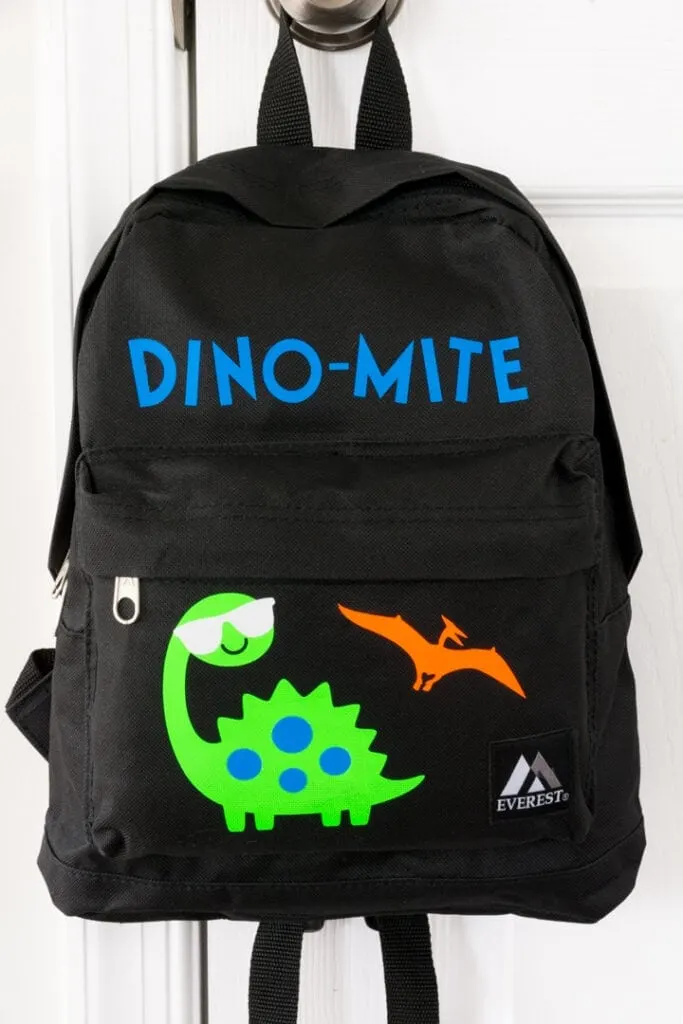 finished dinosaur-themed personalized backpack