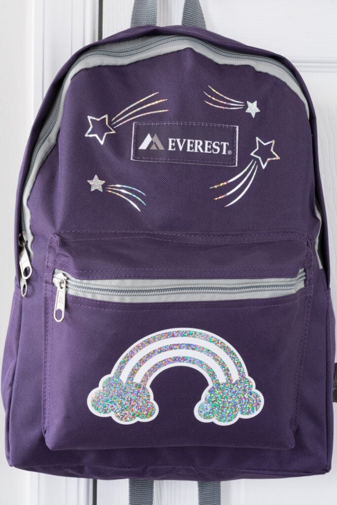finished rainbow-themed personalized backpack