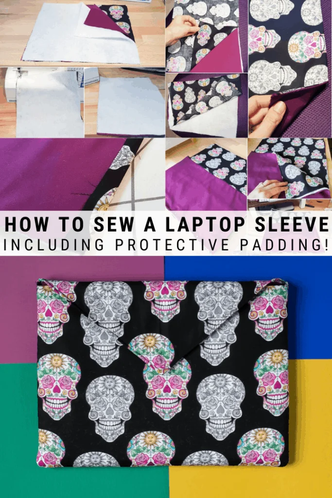 pinnable graphic about how to sew a laptop sleeve including photos and text overlay