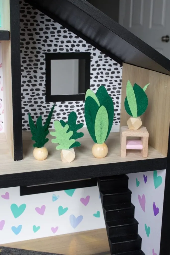 Finished felt faux plants for a dollhouse made using a Cricut machine