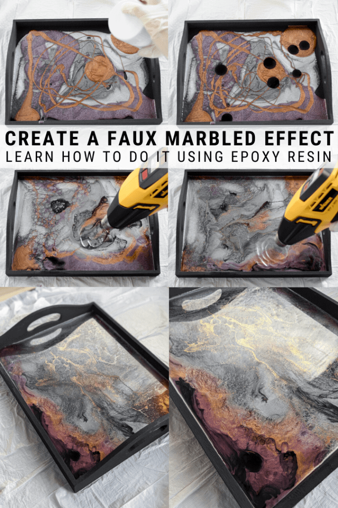 pinnable graphic about how to make a DIY resin and wood tray using colors and dye including photos of the process and text overlay