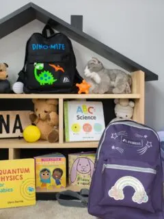 finished personalized backpackes in a kids room