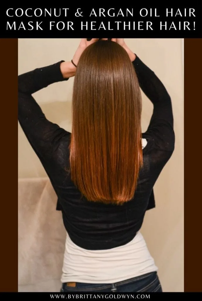 Beautiful hair with text overlay that says Coconut and Argan Oil Hair Mask for healthier hair