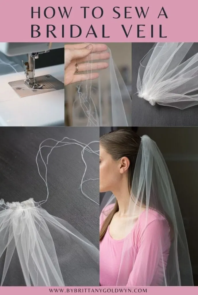 pinnable graphic about how to make a DIY bridal veil including photos of the process and text overlay