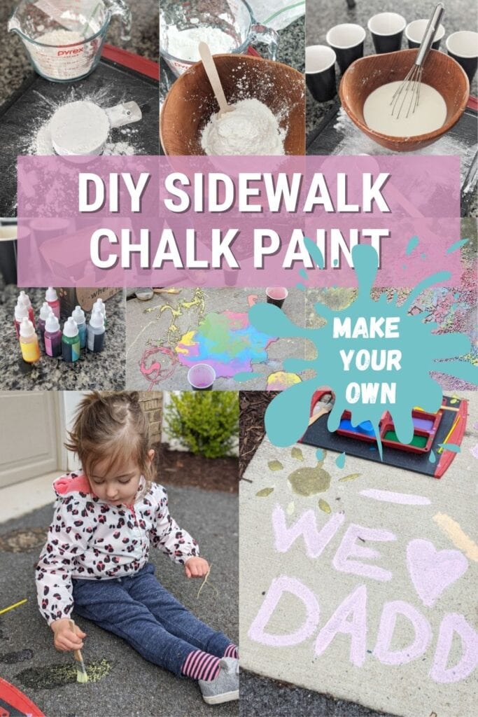 pinnable graphic about DIY sidewalk chalk paint including images of it and text overlay
