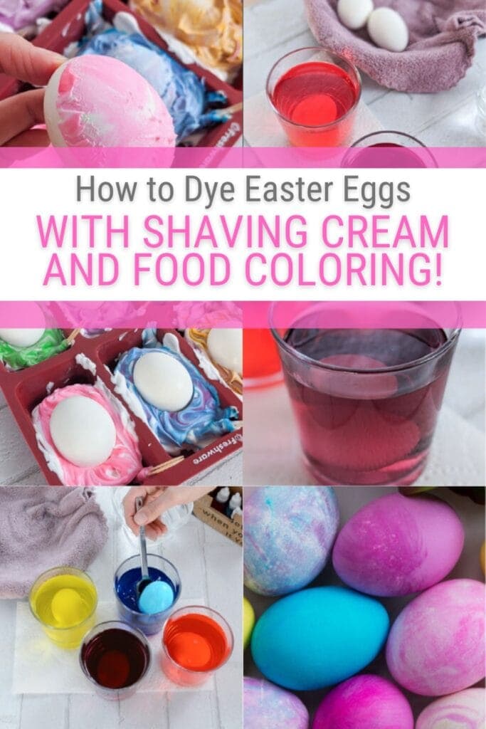 image collage of dyeing easter eggs with text How to Dye Easter Eggs with Shaving Cream and Food Coloring