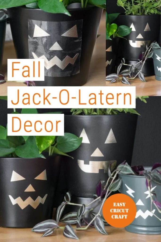 pinnable graphic about free pumpkin face SVG cut files including photos of them cut out on vinyl and put into planter pots and text overlay