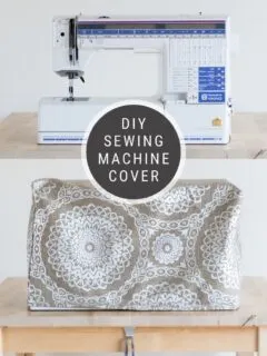 graphic with a photo of a sewing machine and a sewing machine with a cover on, including text overlay saying DIY sewing machine cover