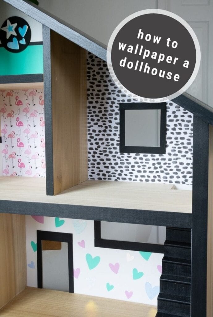 pinnable graphic about how to wallpaper a dollhouse including images and text overlay