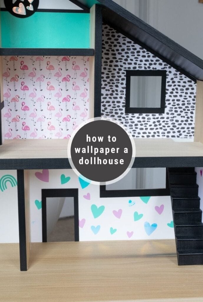 pinnable graphic about how to wallpaper a dollhouse including images and text overlay