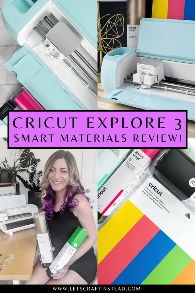 pinnable graphic with an image and text overlay that says Cricut Explore 3 smart materials review