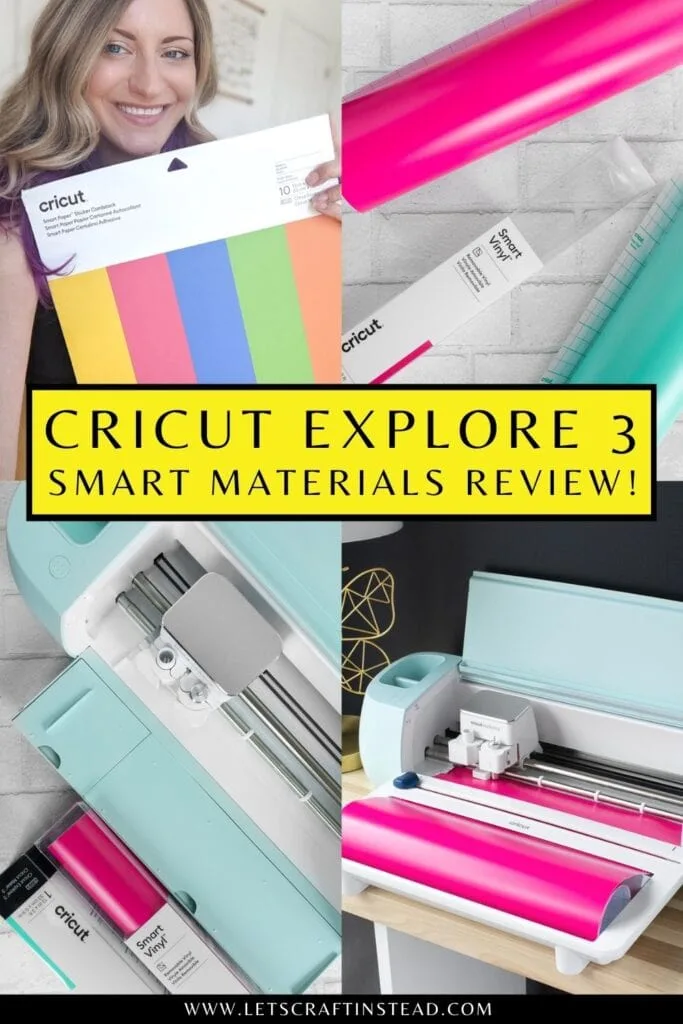 pinnable graphic with an image and text overlay that says Cricut Explore 3 smart materials review
