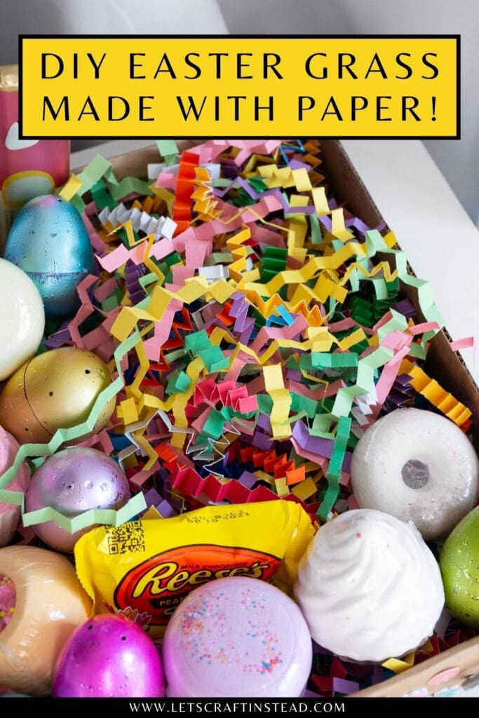 pinnable graphic about DIY Easter grass made with paper including an image and text overlay