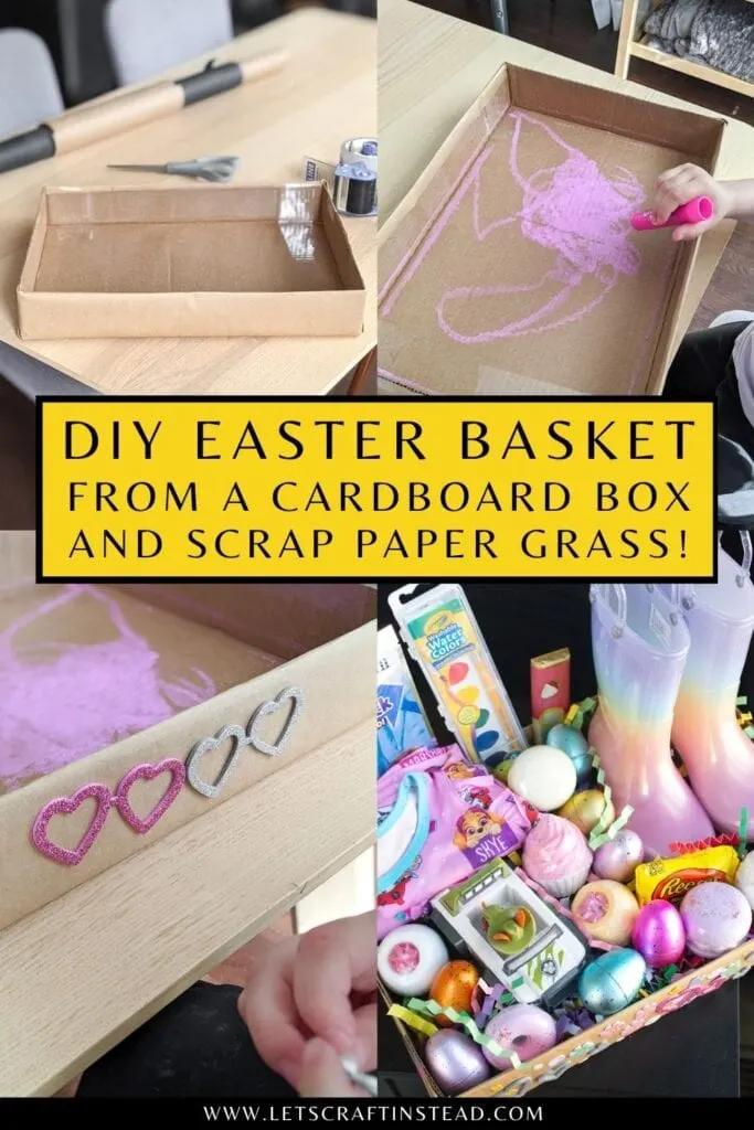 pinnable graphic about DIY Easter baskets made using a recycled box and grass made with paper including an image and text overlay