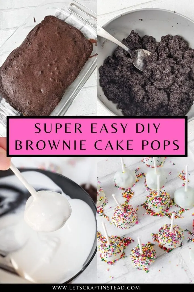 pinnable graphic about super easy brownie cake pops including images and text overlay