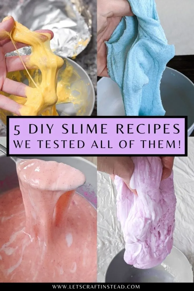 pinnable graphic about 5 DIY slime recipes we tested including a collage of images and text overlay