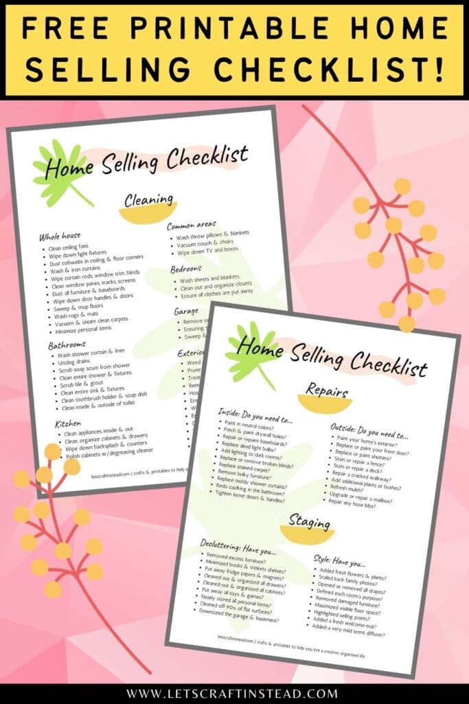 pinnable graphic about a fee printable home selling checklist including images of the checklist and text overlay