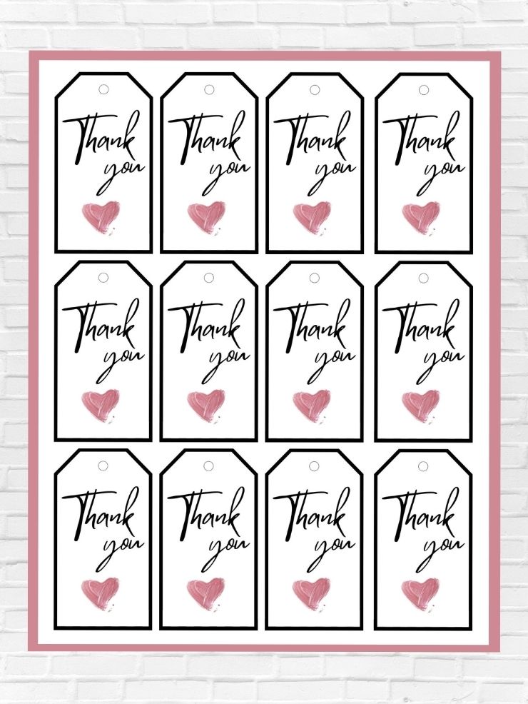 graphic including screenshots of some of the free printable thank you tags with hearts