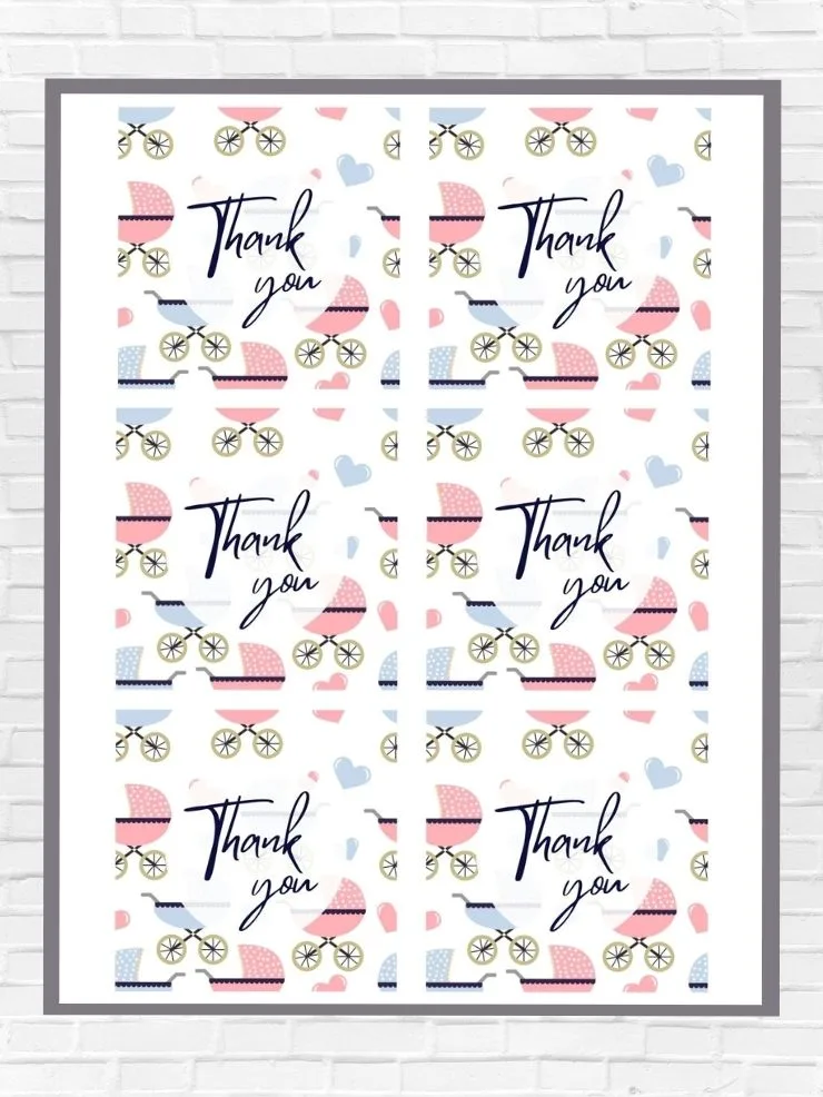 graphic including screenshots of some of the free printable thank you tags for a baby shower