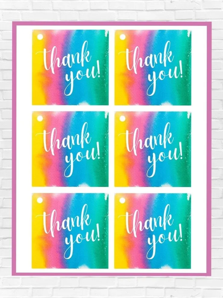graphic including screenshots of some of the free colorful printable thank you tags